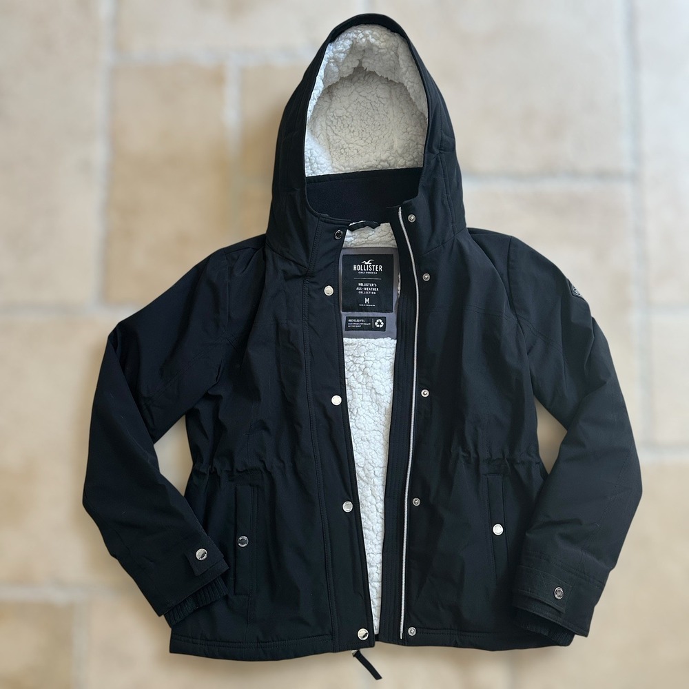 Hollister All-Weather Jacket Womens Medium Black Sherpa Lined 344J2140 Coat